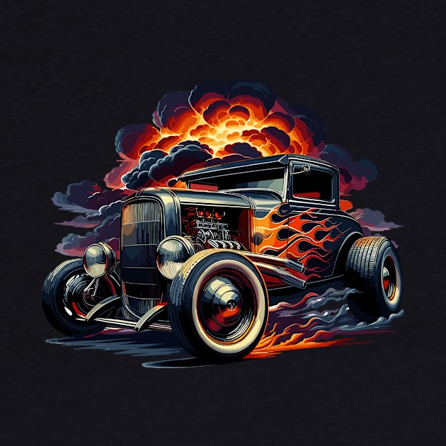 Explosive Flaming Hot Rod with Flames Paint Job Custom Car Retro Style Hot Rod Vintage Custom Car by Tees 4 Thee